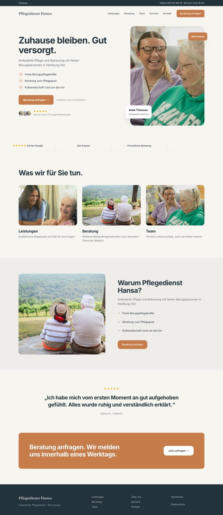 Webdesign Referenz: Website für Ambulanter Pflegedienst (Pflegedienst Hansa), Designkonzept von VELNOR Studio