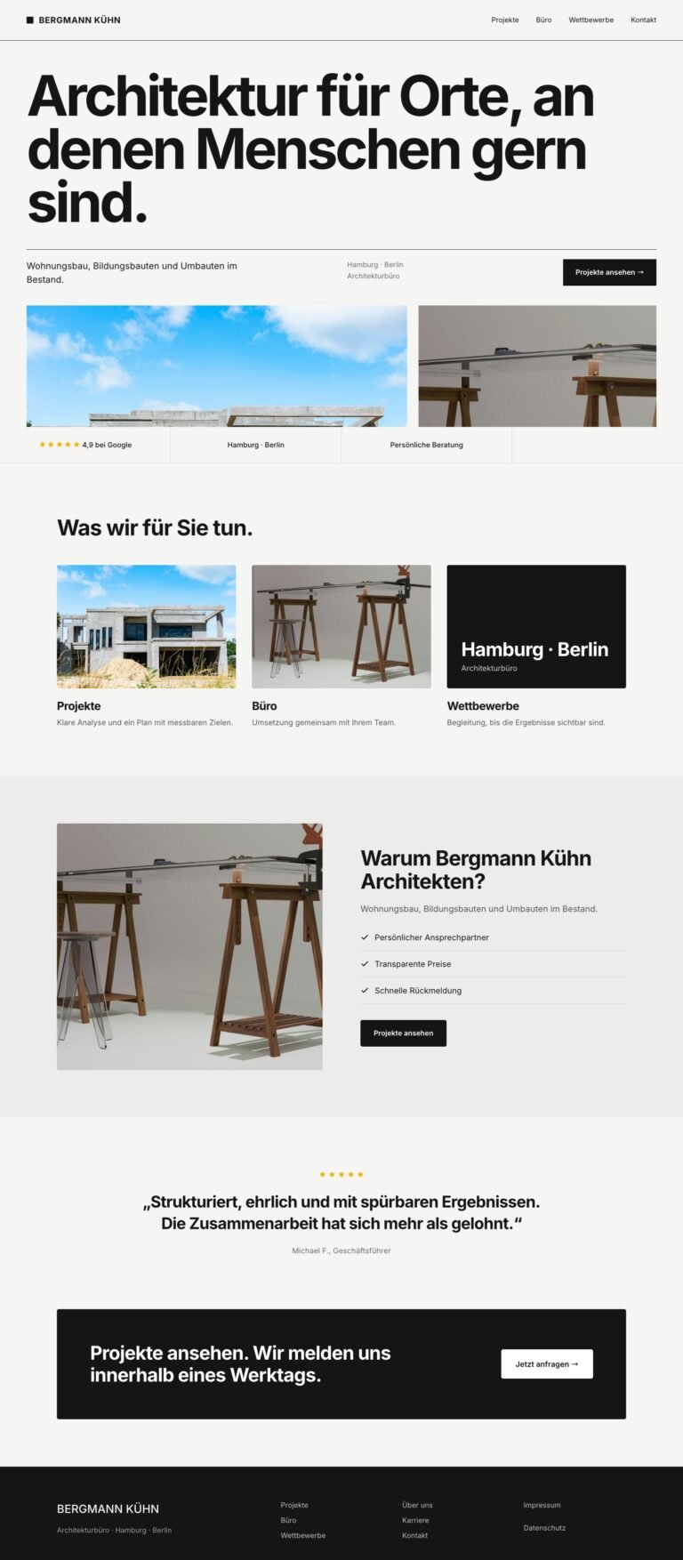 Webdesign Referenz: Website für Architekturbüro (Bergmann Kühn Architekten), Designkonzept von VELNOR Studio