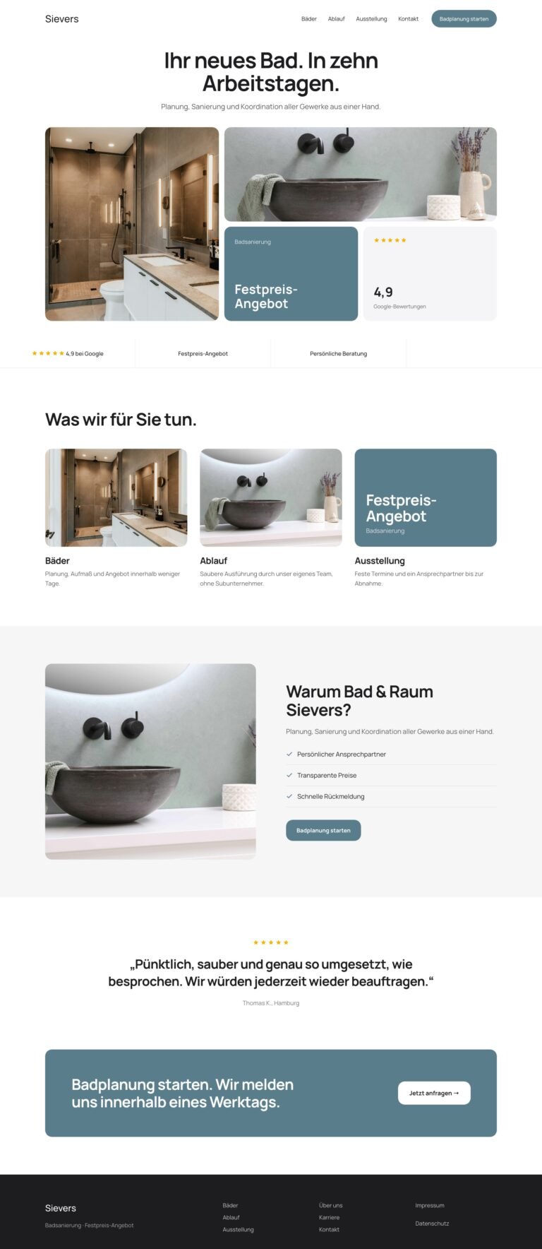 Webdesign Referenz: Website für Badsanierung (Bad & Raum Sievers), Designkonzept von VELNOR Studio