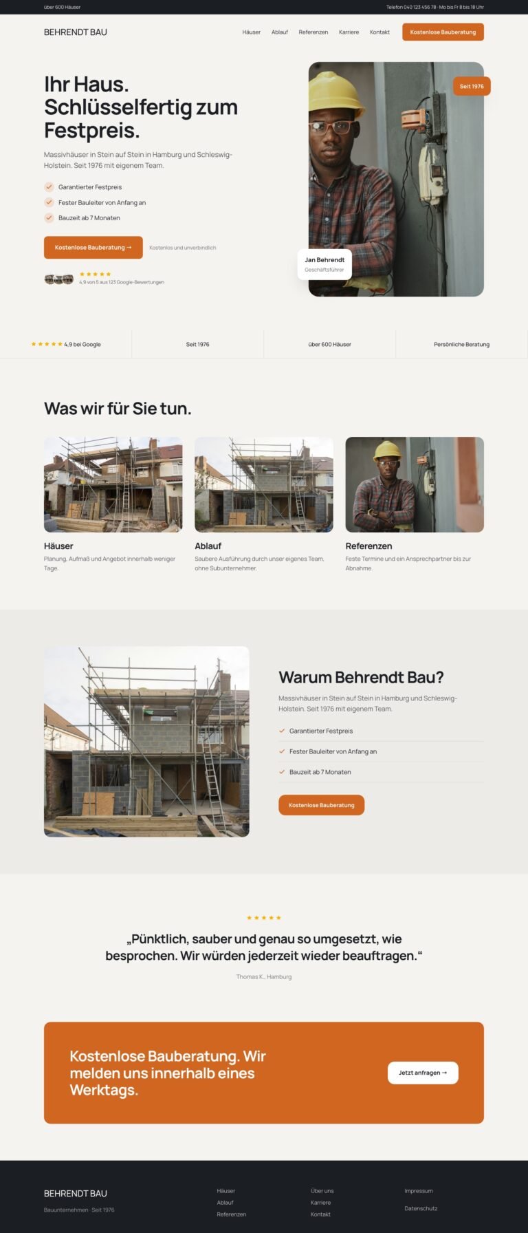 Webdesign Referenz: Website für Bauunternehmen (Behrendt Bau), Designkonzept von VELNOR Studio