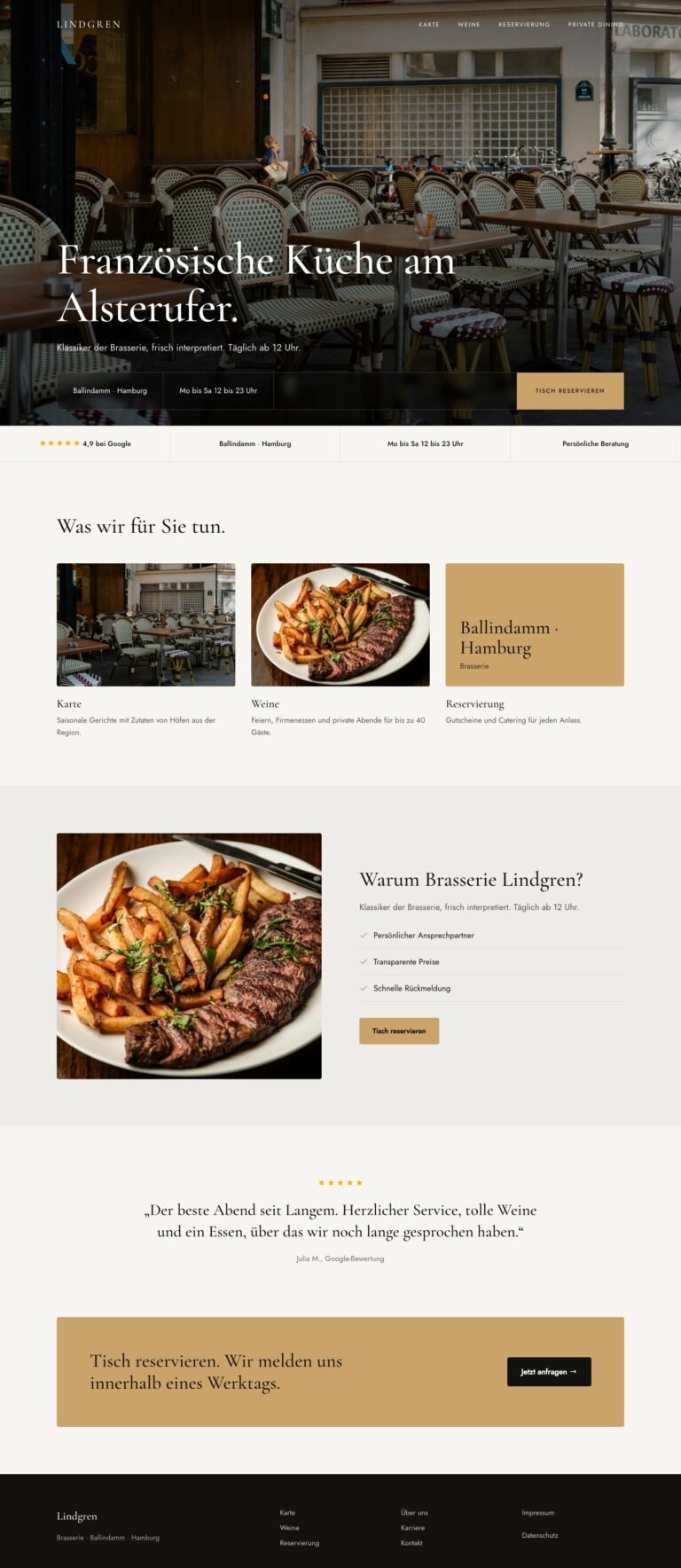 Webdesign Referenz: Website für Brasserie (Brasserie Lindgren), Designkonzept von VELNOR Studio
