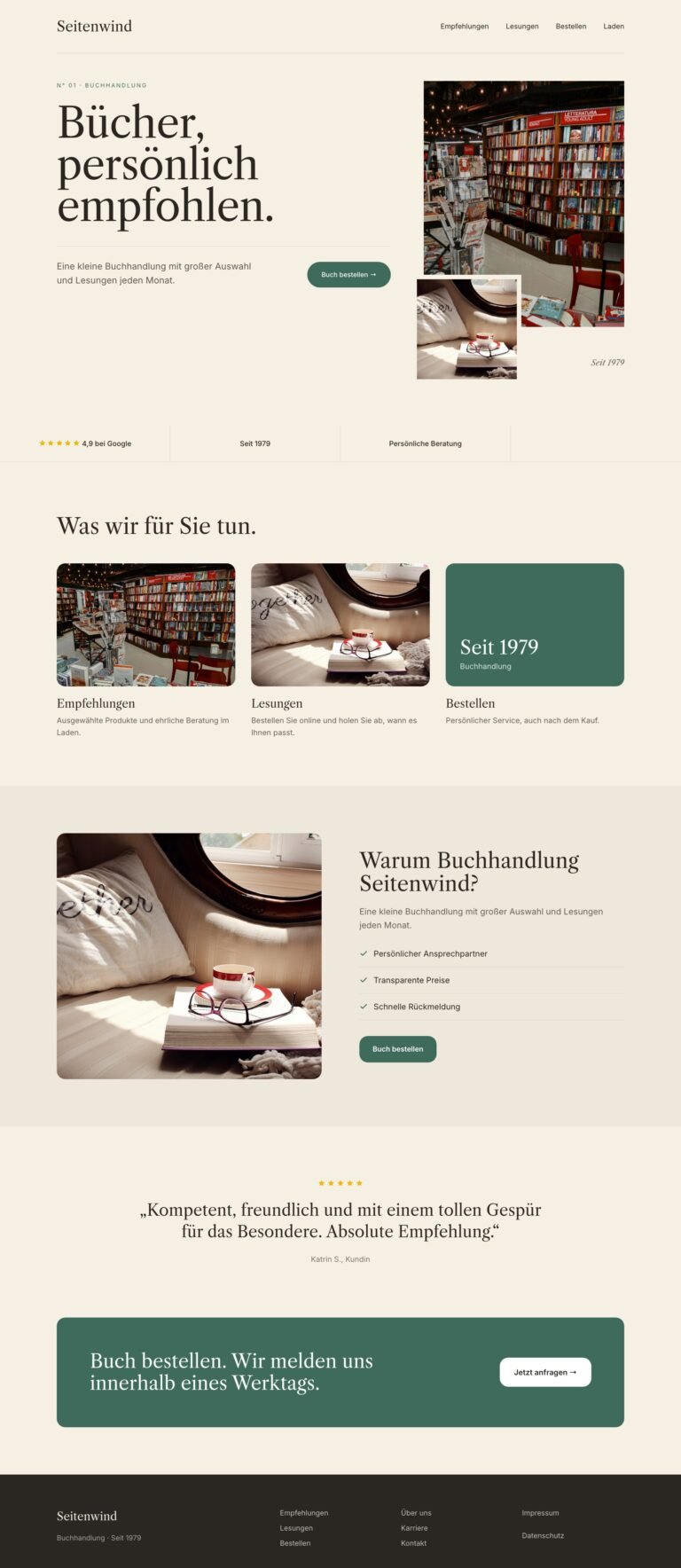 Webdesign Referenz: Website für Buchhandlung (Buchhandlung Seitenwind), Designkonzept von VELNOR Studio