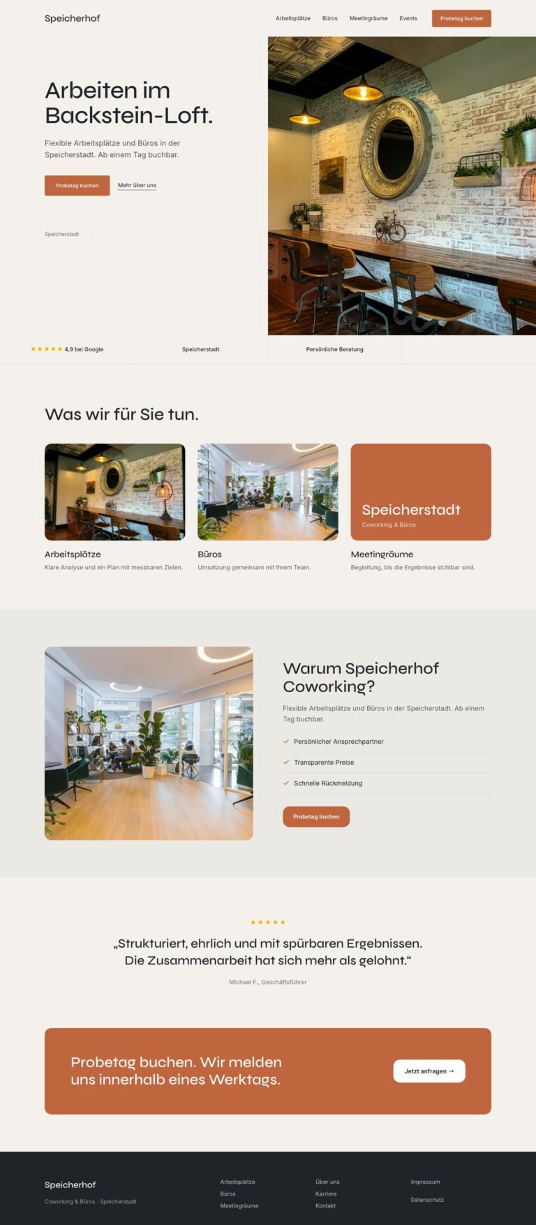 Webdesign Referenz: Website für Coworking & Büros (Speicherhof Coworking), Designkonzept von VELNOR Studio