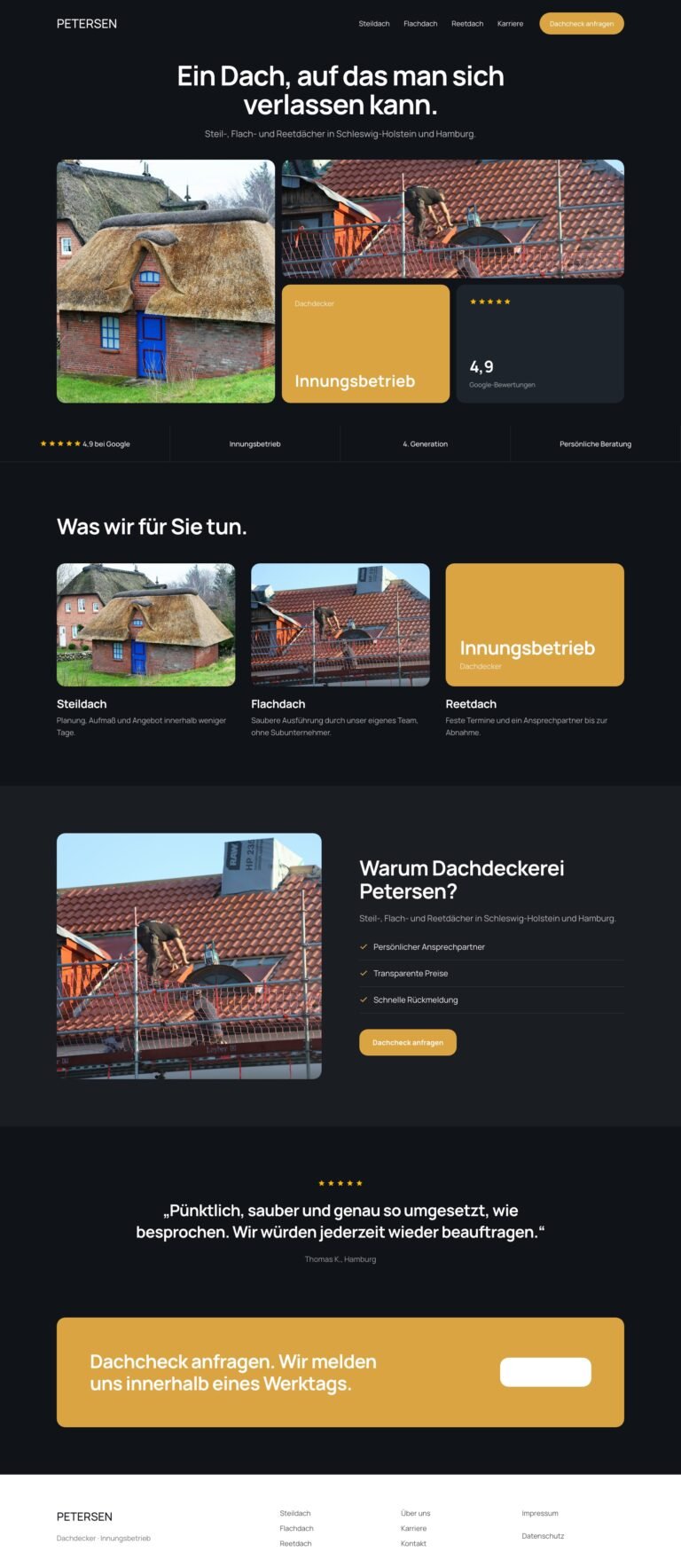 Webdesign Referenz: Website für Dachdecker (Dachdeckerei Petersen), Designkonzept von VELNOR Studio
