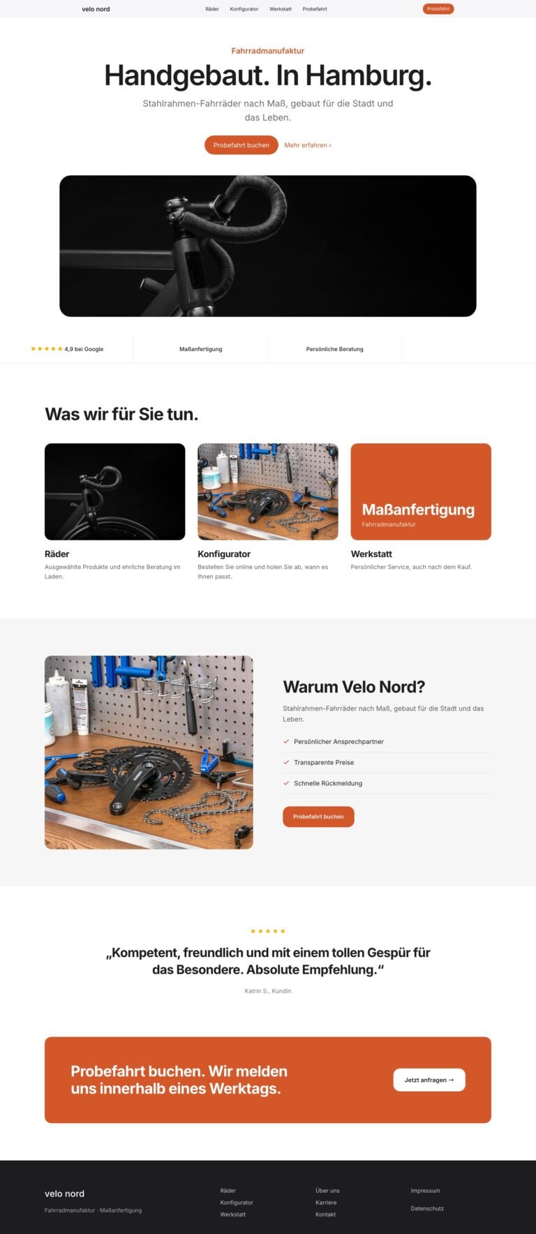 Webdesign Referenz: Website für Fahrradmanufaktur (Velo Nord), Designkonzept von VELNOR Studio