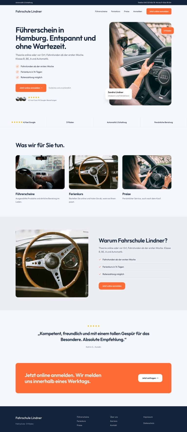 Webdesign Referenz: Website für Fahrschule (Fahrschule Lindner), Designkonzept von VELNOR Studio