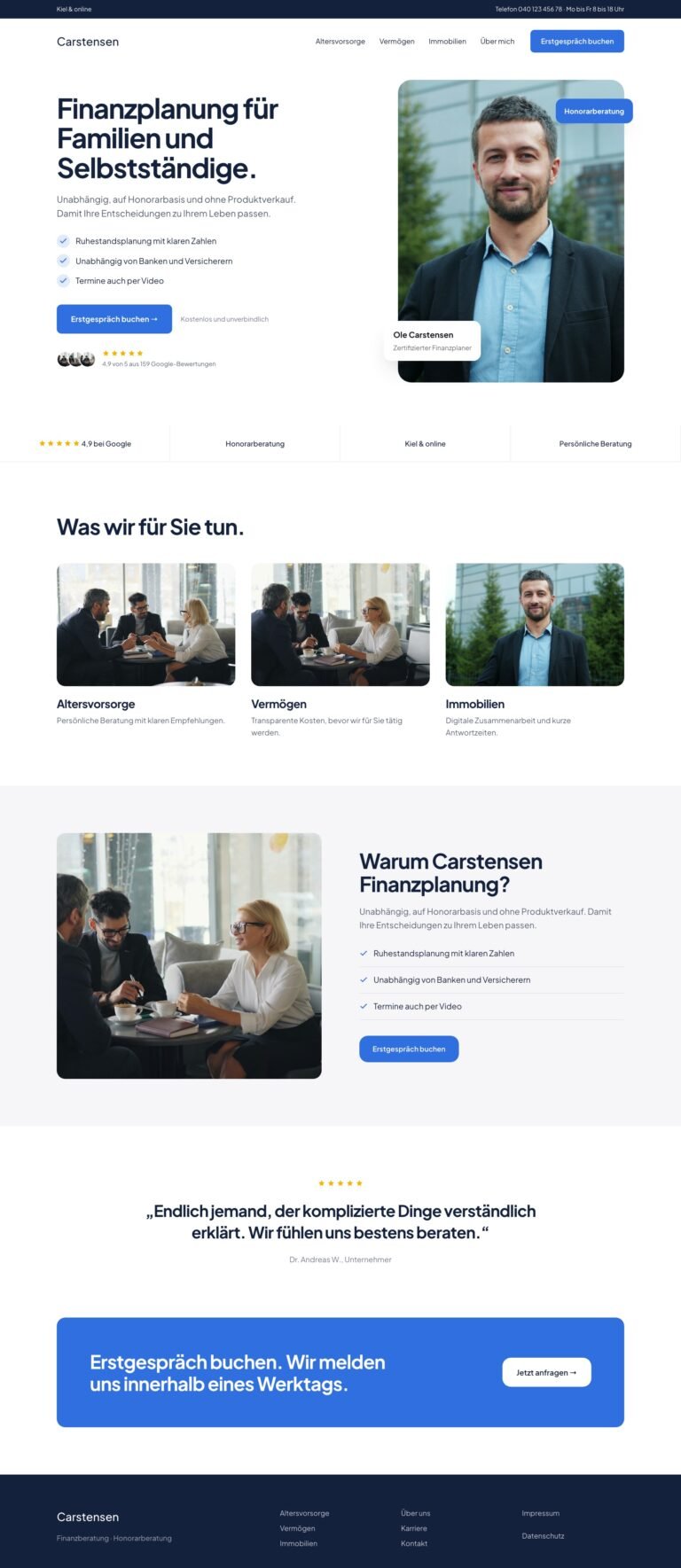 Webdesign Referenz: Website für Finanzberatung (Carstensen Finanzplanung), Designkonzept von VELNOR Studio