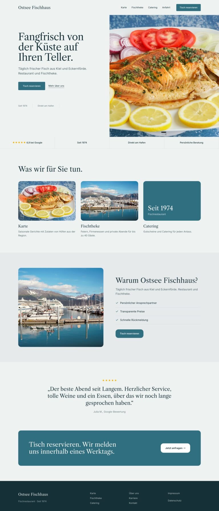 Webdesign Referenz: Website für Fischrestaurant (Ostsee Fischhaus), Designkonzept von VELNOR Studio