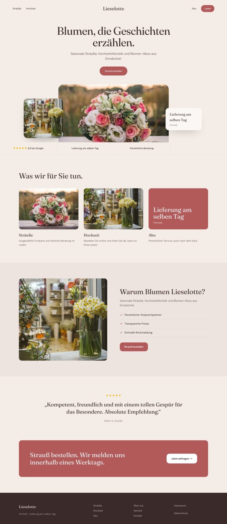 Webdesign Referenz: Website für Floristik (Blumen Lieselotte), Designkonzept von VELNOR Studio