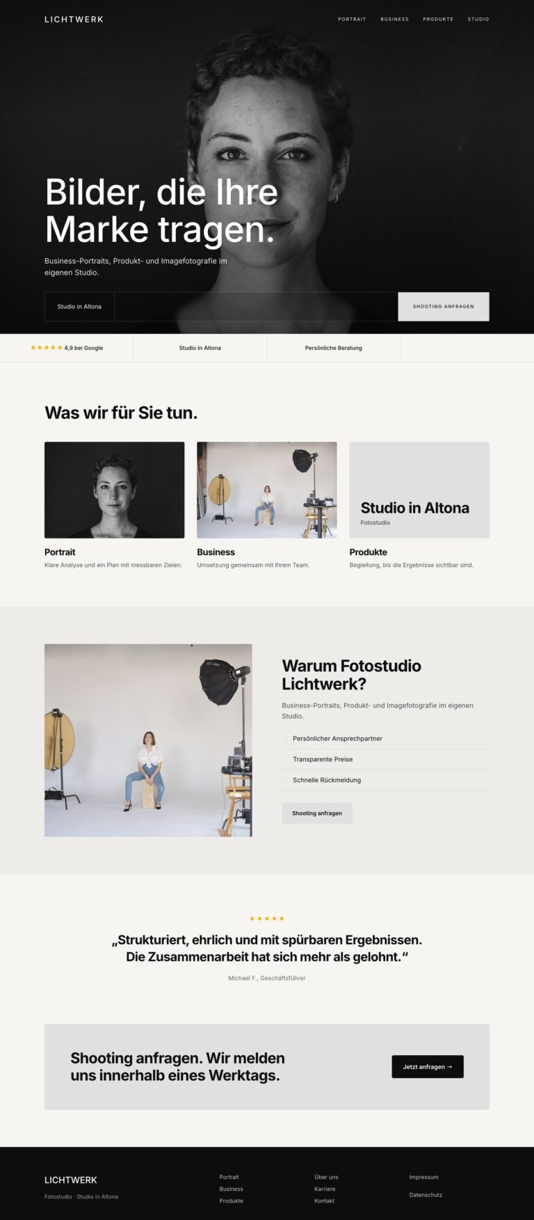 Webdesign Referenz: Website für Fotostudio (Fotostudio Lichtwerk), Designkonzept von VELNOR Studio