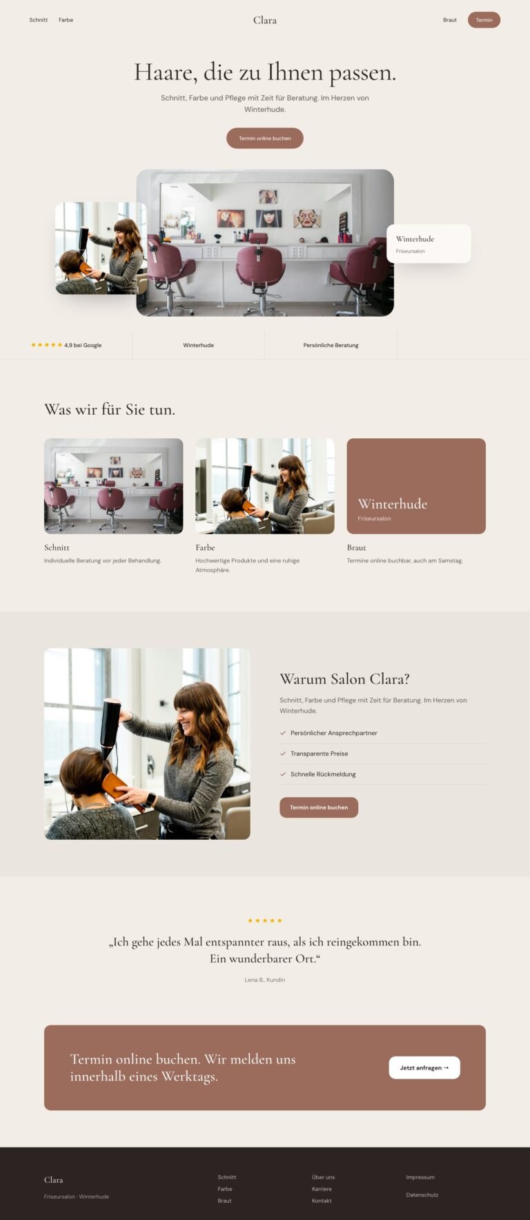 Webdesign Referenz: Website für Friseursalon (Salon Clara), Designkonzept von VELNOR Studio