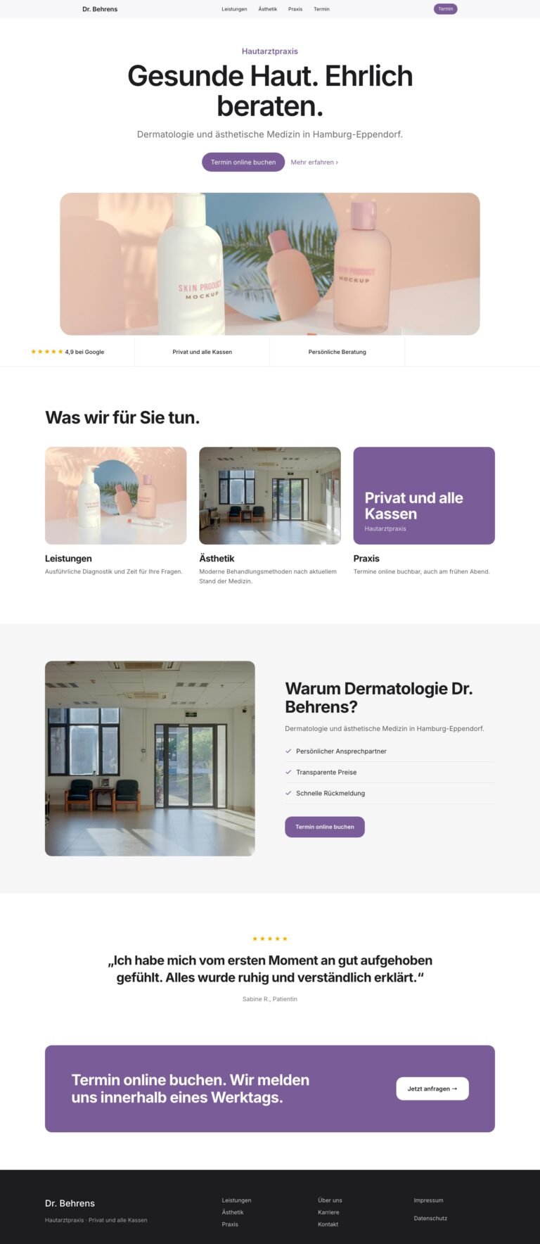 Webdesign Referenz: Website für Hautarztpraxis (Dermatologie Dr. Behrens), Designkonzept von VELNOR Studio