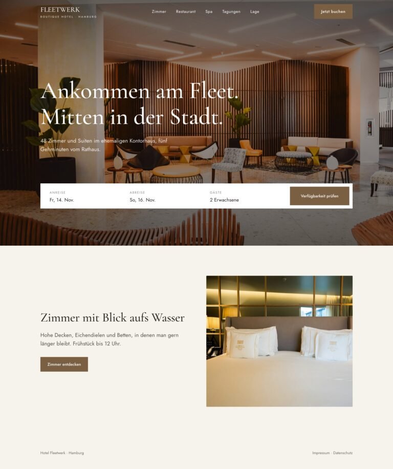 Webdesign für Hotels: Designbeispiel einer Boutique-Hotel-Website mit Buchungsleiste