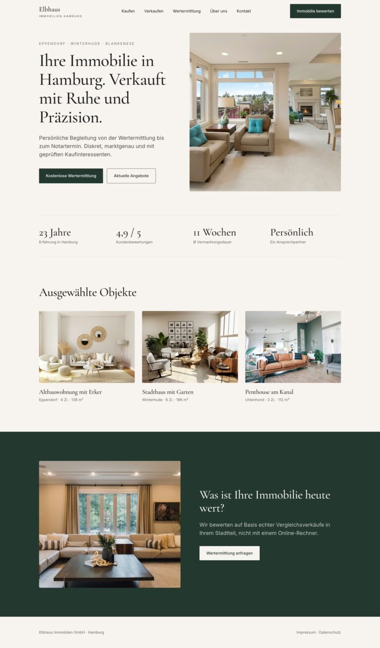 Webdesign für Immobilienmakler: Designbeispiel einer Makler-Website aus Hamburg mit Wertermittlung