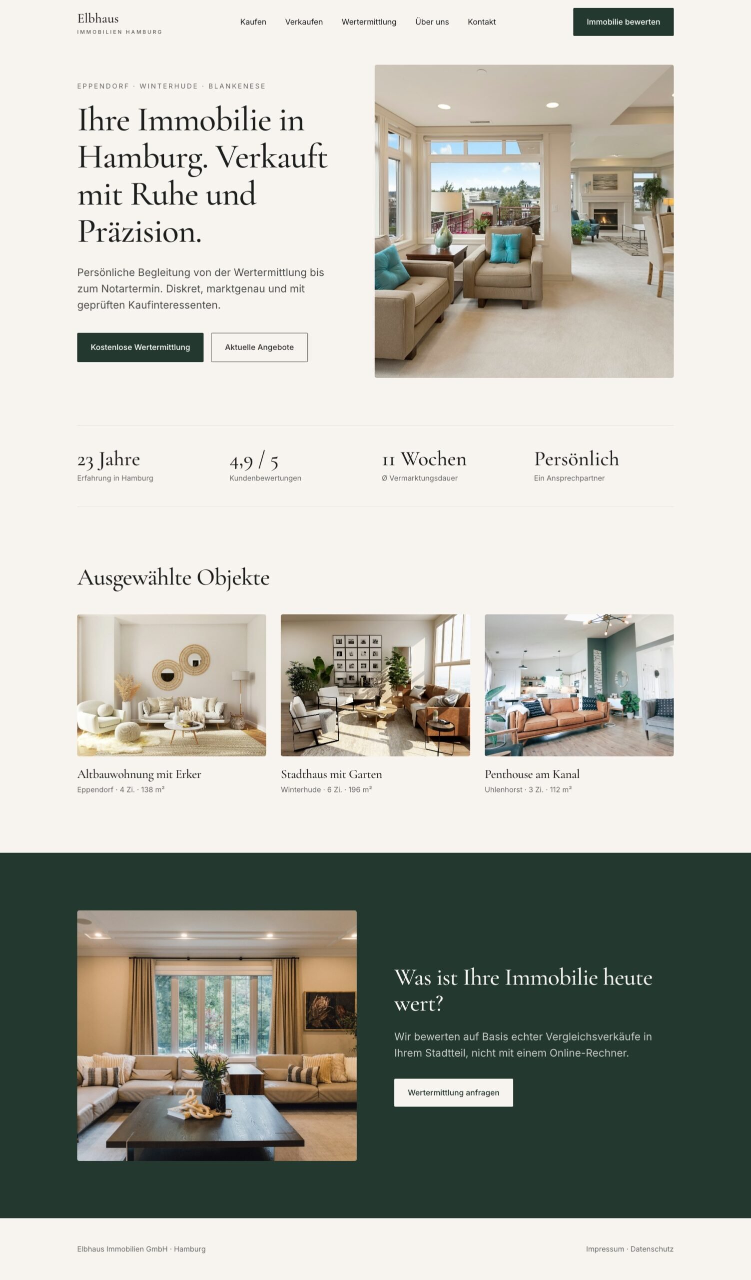 Webdesign für Immobilienmakler: Designbeispiel einer Makler-Website aus Hamburg mit Wertermittlung