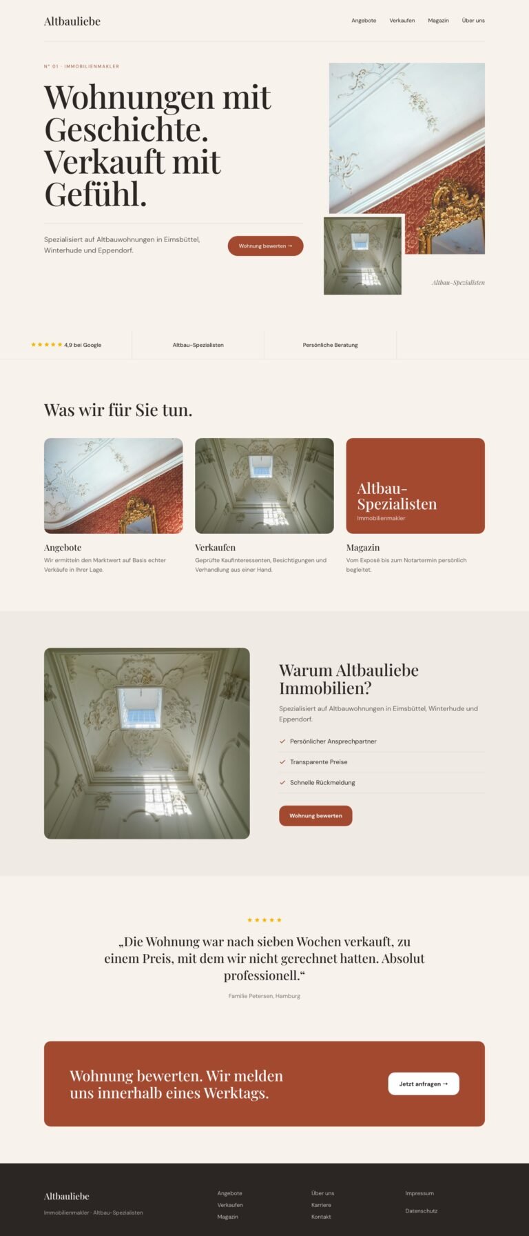 Webdesign Referenz: Website für Immobilienmakler (Altbauliebe Immobilien), Designkonzept von VELNOR Studio