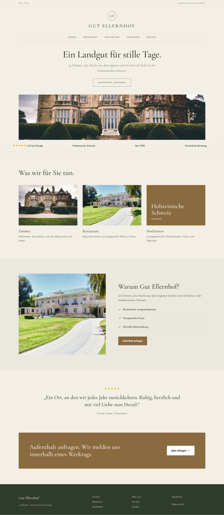 Webdesign Referenz: Website für Landhotel (Gut Ellernhof), Designkonzept von VELNOR Studio