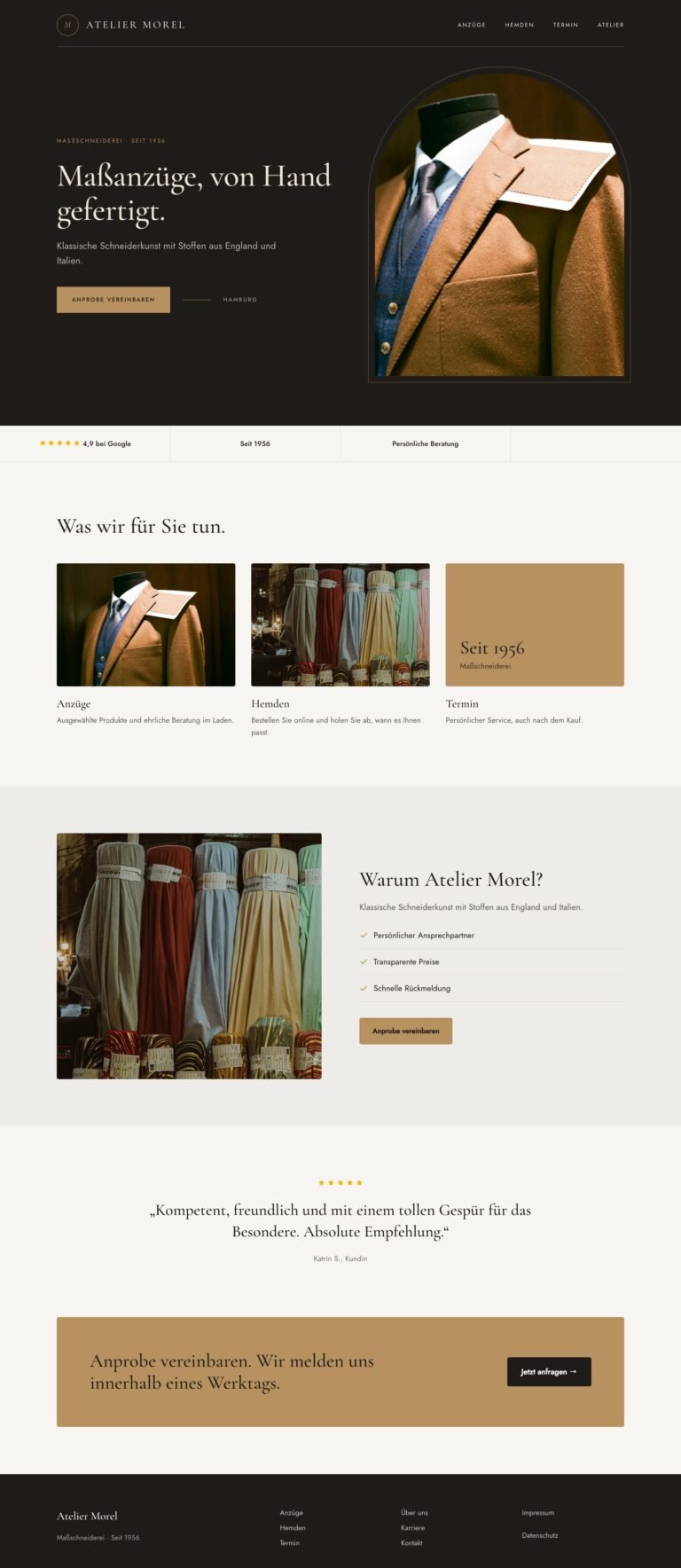Webdesign Referenz: Website für Maßschneiderei (Atelier Morel), Designkonzept von VELNOR Studio