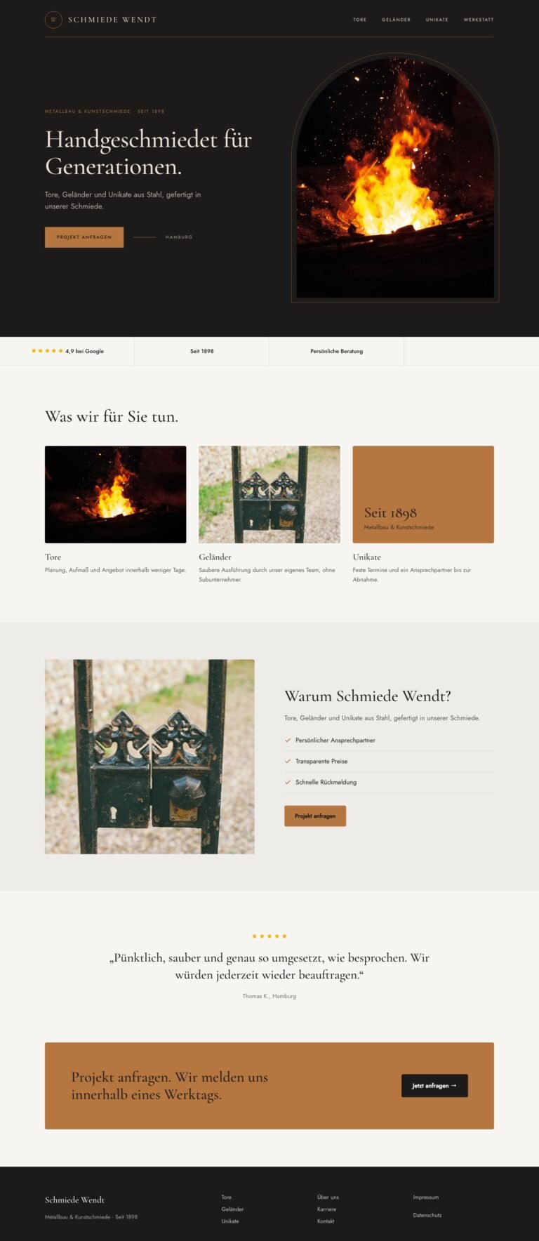 Webdesign Referenz: Website für Metallbau & Kunstschmiede (Schmiede Wendt), Designkonzept von VELNOR Studio