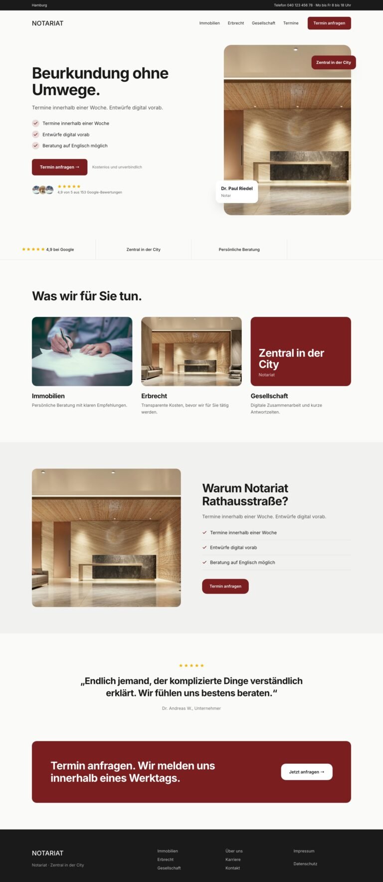 Webdesign Referenz: Website für Notariat (Notariat Rathausstraße), Designkonzept von VELNOR Studio
