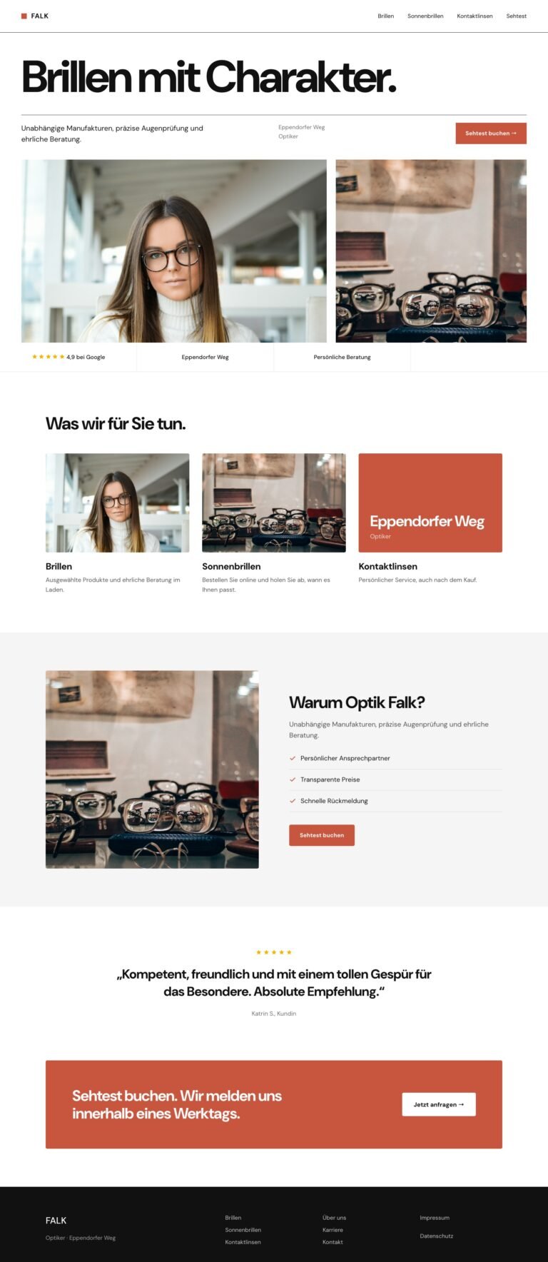Webdesign Referenz: Website für Optiker (Optik Falk), Designkonzept von VELNOR Studio