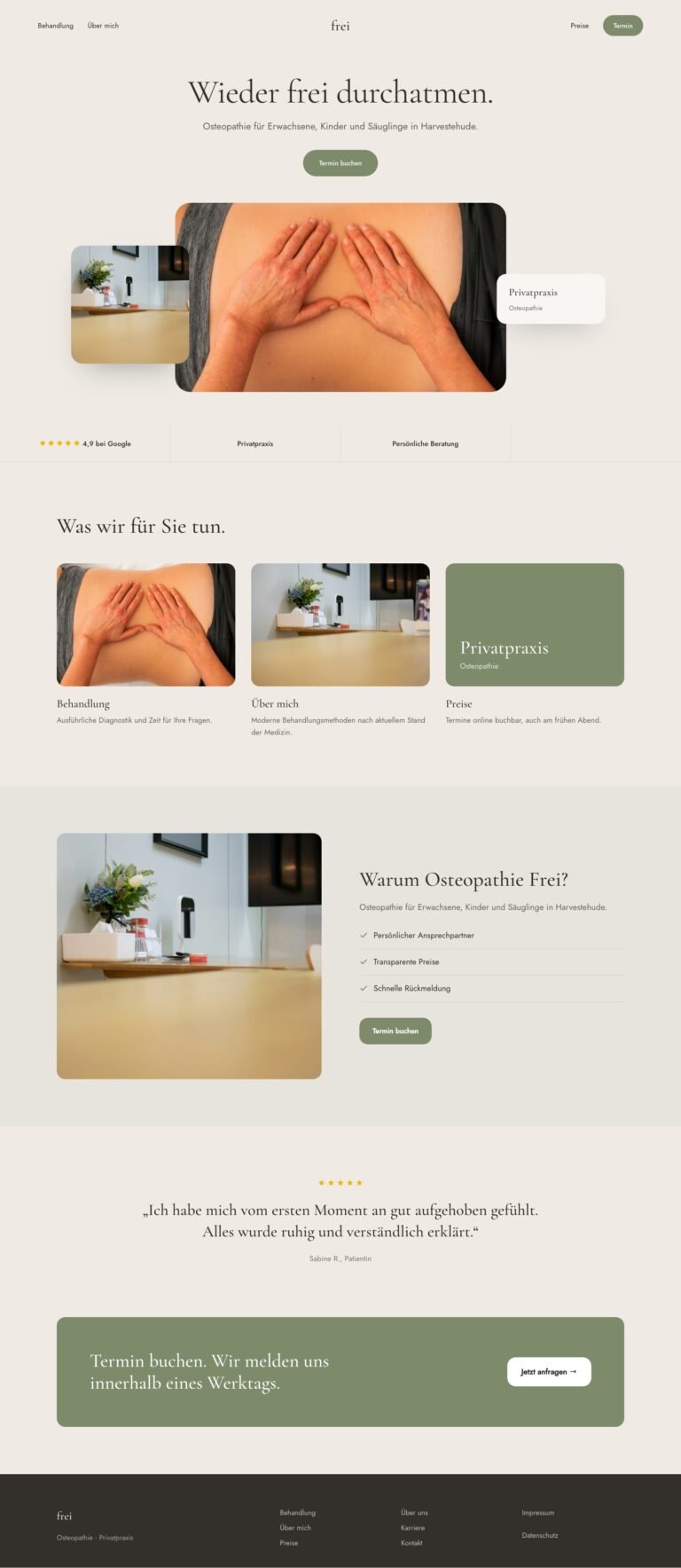Webdesign Referenz: Website für Osteopathie (Osteopathie Frei), Designkonzept von VELNOR Studio