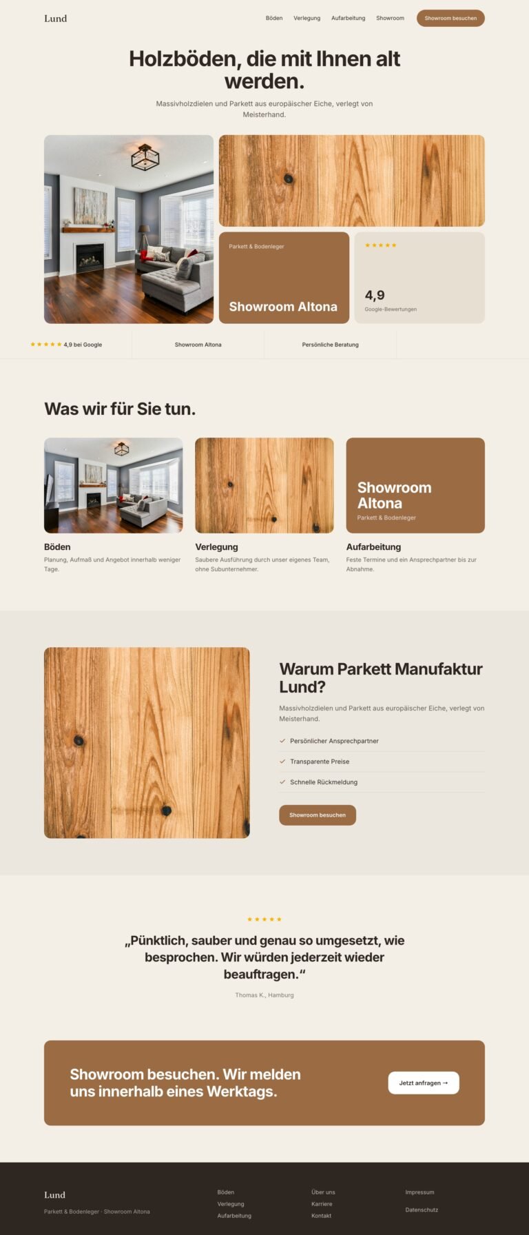 Webdesign Referenz: Website für Parkett & Bodenleger (Parkett Manufaktur Lund), Designkonzept von VELNOR Studio