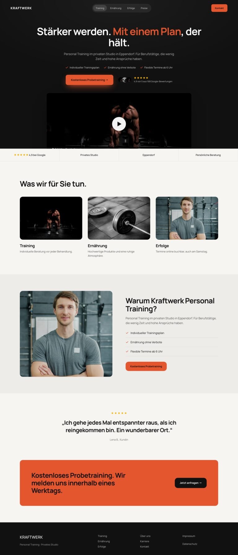 Webdesign Referenz: Website für Personal Training (Kraftwerk Personal Training), Designkonzept von VELNOR Studio