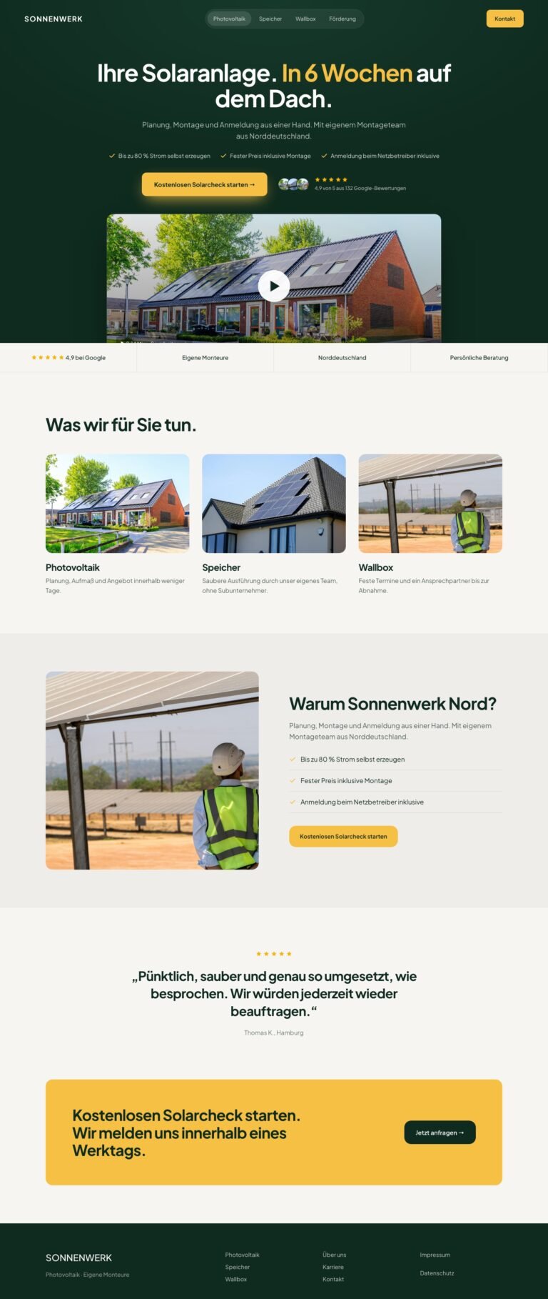Webdesign Referenz: Website für Photovoltaik (Sonnenwerk Nord), Designkonzept von VELNOR Studio