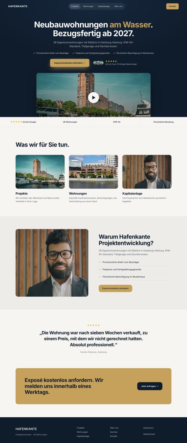 Webdesign Referenz: Website für Projektentwickler (Hafenkante Projektentwicklung), Designkonzept von VELNOR Studio
