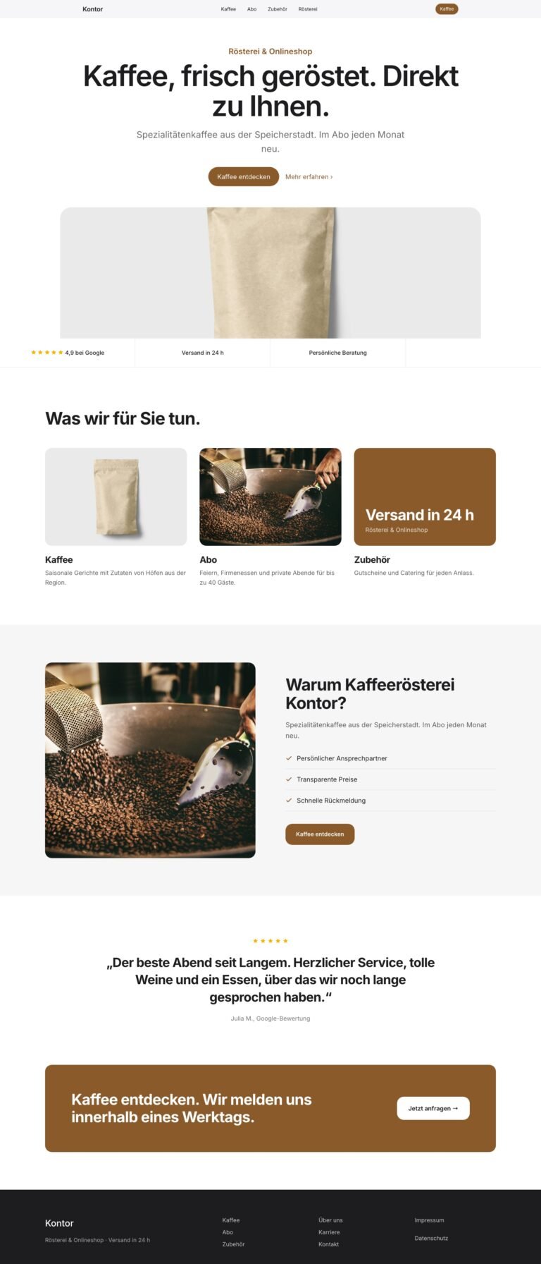 Webdesign Referenz: Website für Rösterei & Onlineshop (Kaffeerösterei Kontor), Designkonzept von VELNOR Studio