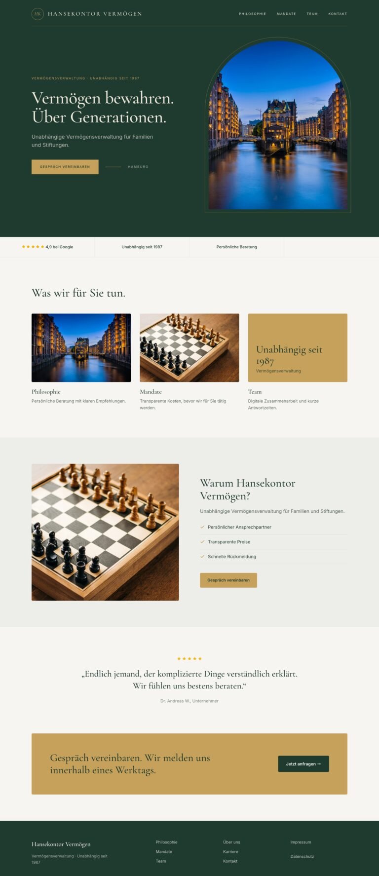 Webdesign Referenz: Website für Vermögensverwaltung (Hansekontor Vermögen), Designkonzept von VELNOR Studio