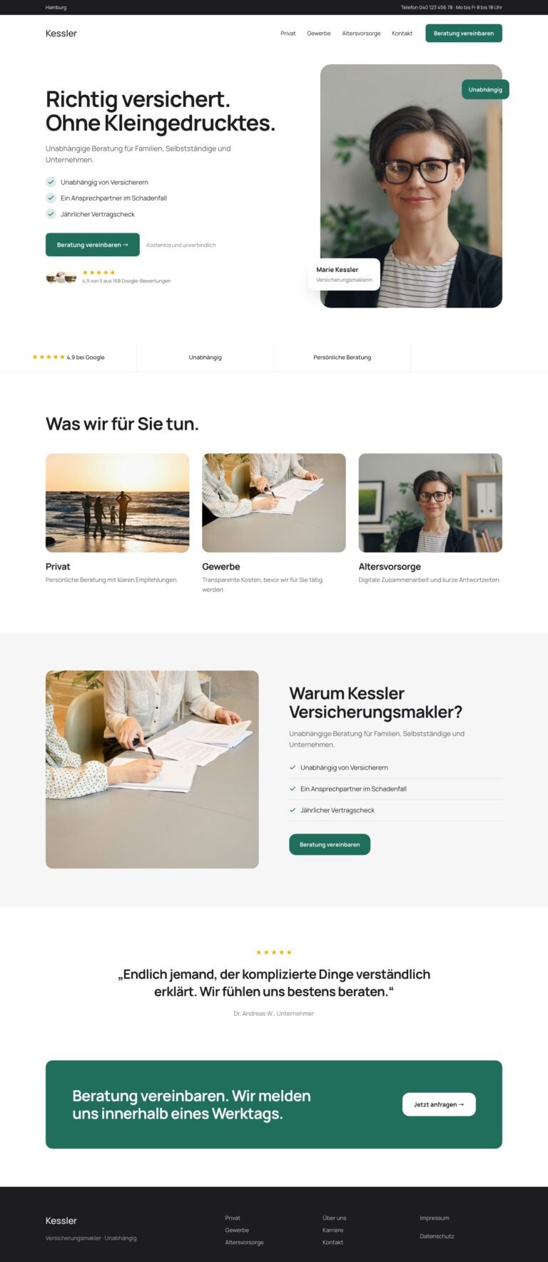 Webdesign Referenz: Website für Versicherungsmakler (Kessler Versicherungsmakler), Designkonzept von VELNOR Studio