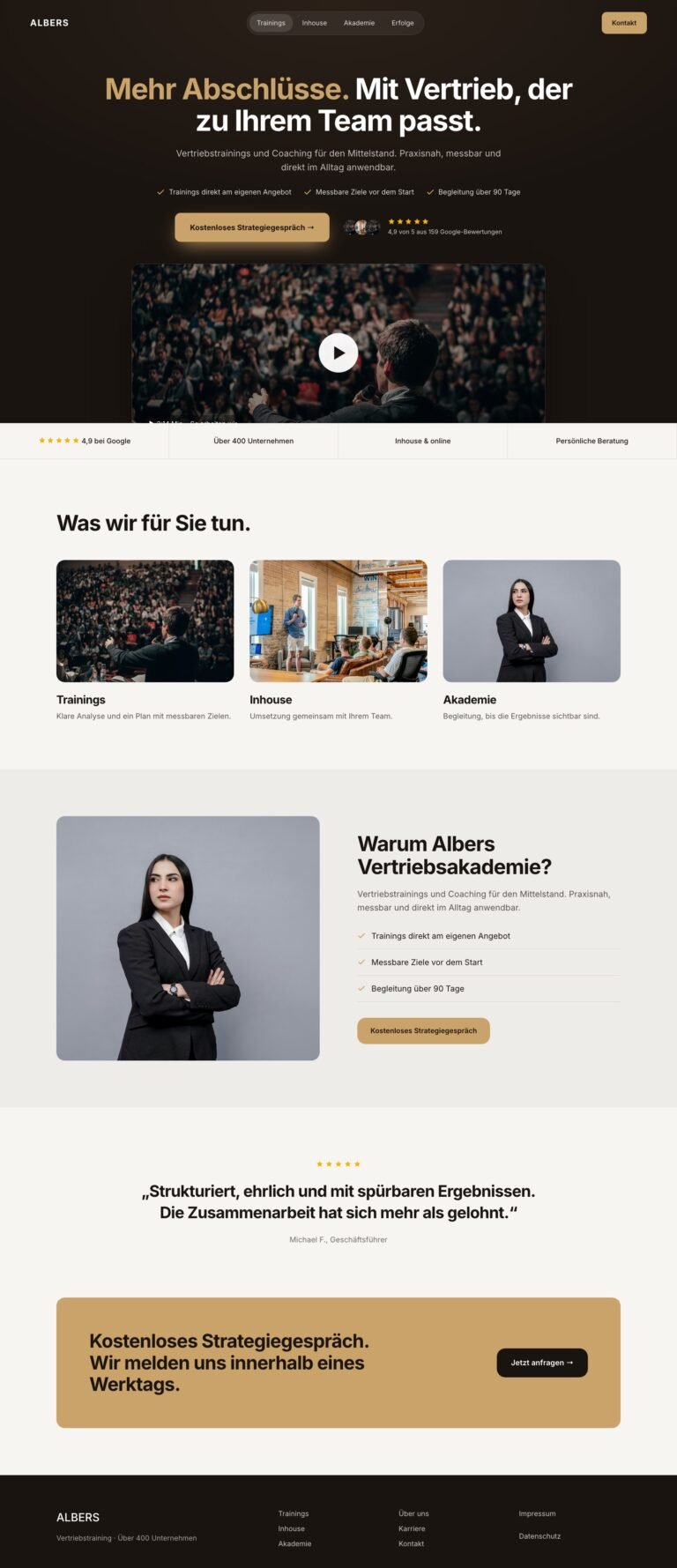 Webdesign Referenz: Website für Vertriebstraining (Albers Vertriebsakademie), Designkonzept von VELNOR Studio