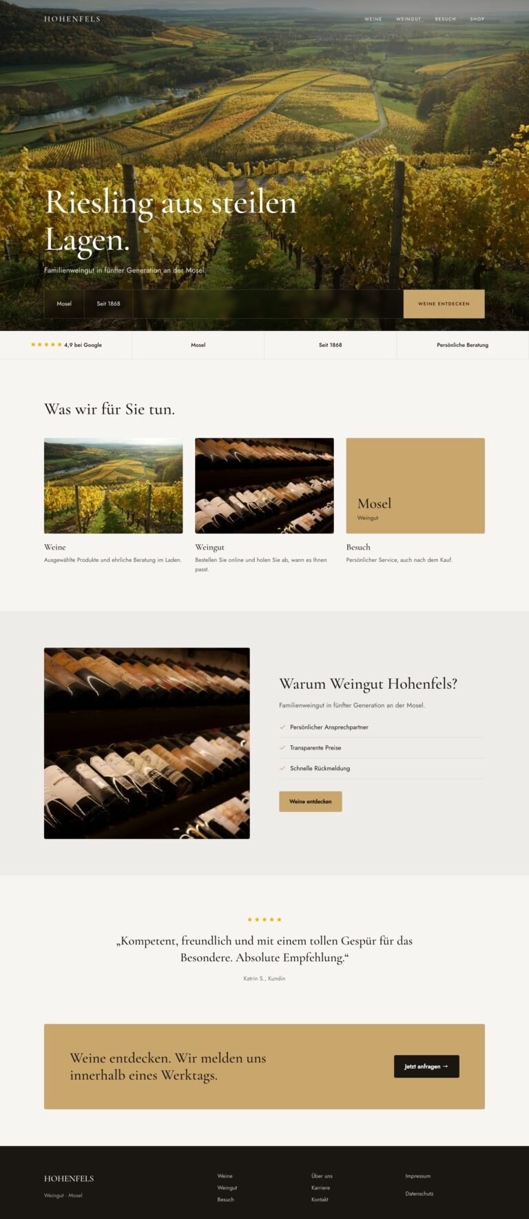 Webdesign Referenz: Website für Weingut (Weingut Hohenfels), Designkonzept von VELNOR Studio