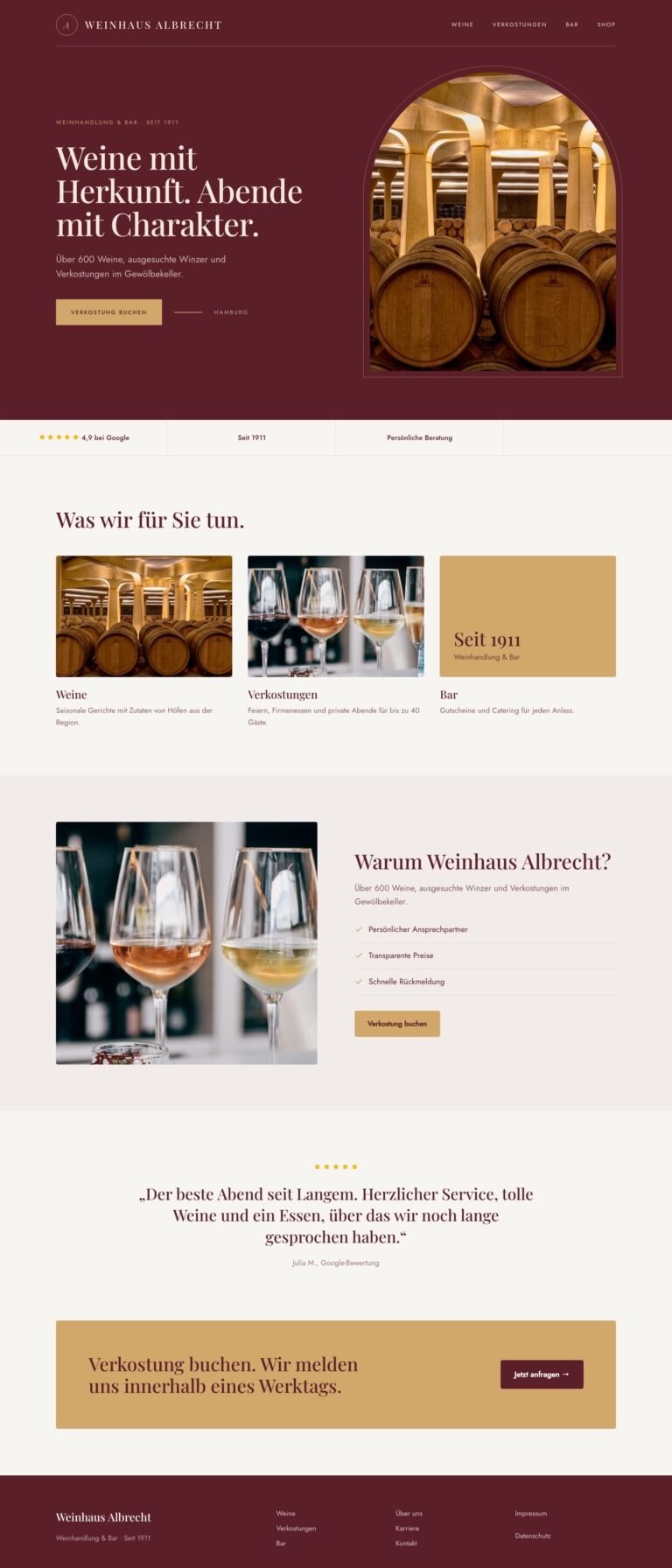 Webdesign Referenz: Website für Weinhandlung & Bar (Weinhaus Albrecht), Designkonzept von VELNOR Studio