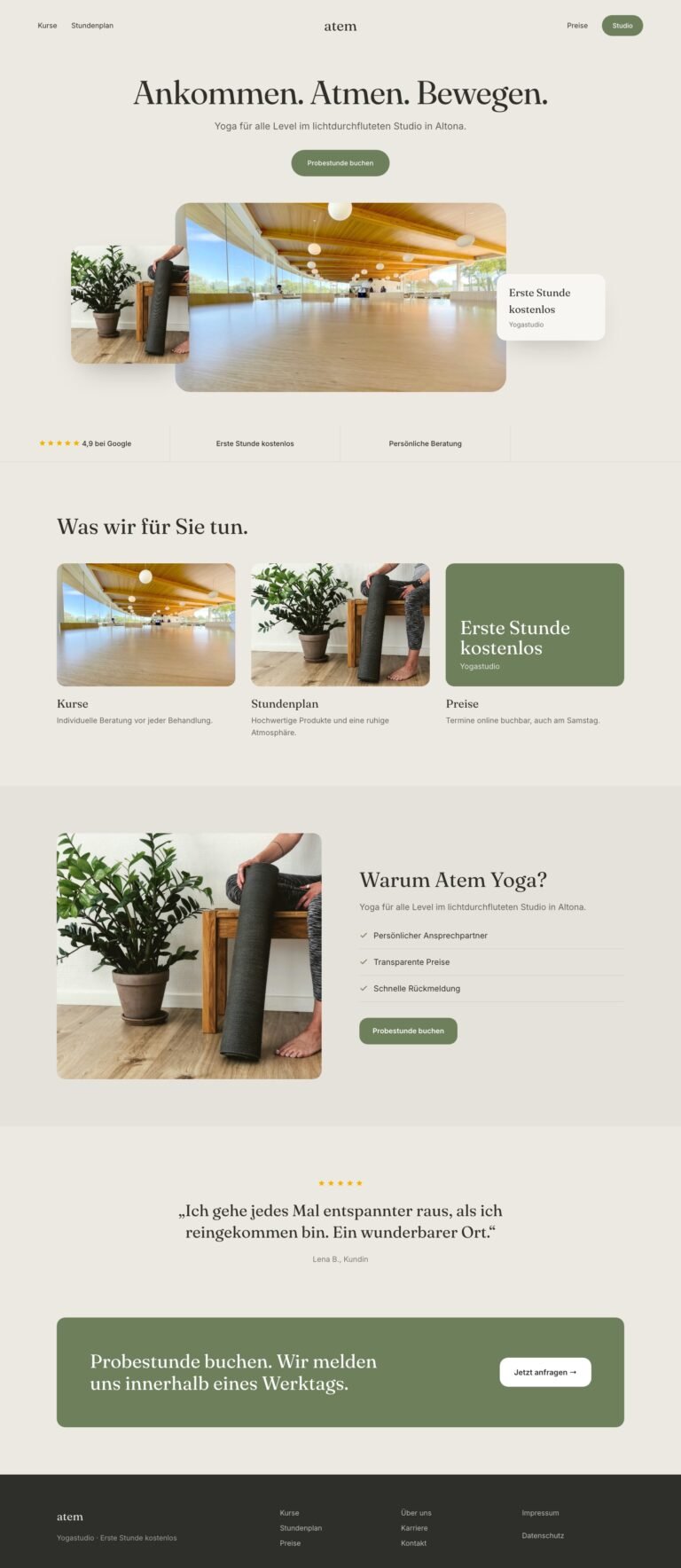 Webdesign Referenz: Website für Yogastudio (Atem Yoga), Designkonzept von VELNOR Studio