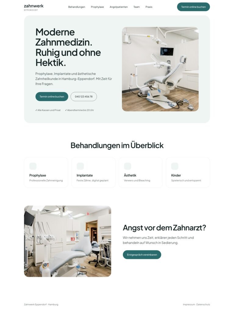Webdesign für Arztpraxen: Designbeispiel einer Zahnarzt-Website mit Online-Terminbuchung